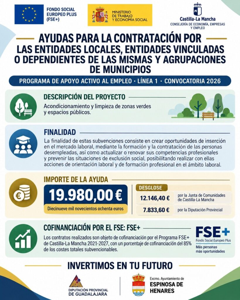 Ayudas para la contratación por las entidades locales. Programa de Apoyo Activo al Empleo, Línea 1, Convocatoria 2026. Acondicionamiento y limpieza de zonas verdes y espacios públicos. Importe: 19.980,00 €. Cofinanciado por el FSE+.